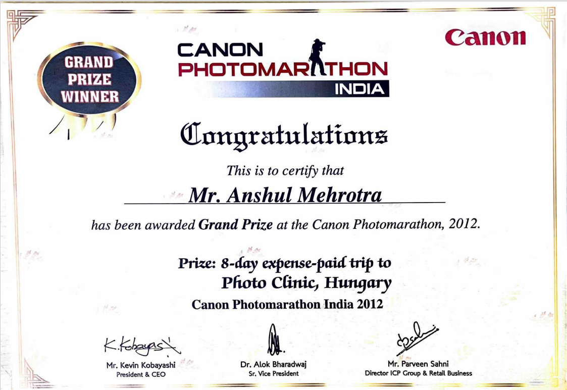 Certificate and recognition for Anshul Mehrotra